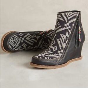 Anthropologie Black Wedge Ankle Booties with Ivory Pattern